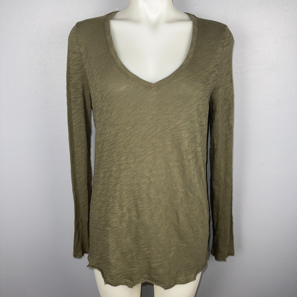 ATM Anthony Thomas Merillo SLUB Jersey V-Neck Tee Women's L Green Distressed Hem